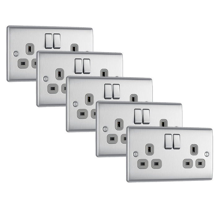 BG NBS22G Nexus Metal Double Socket 13A - Grey Insert - Brushed Steel (5 Pack) - westbasedirect.com
