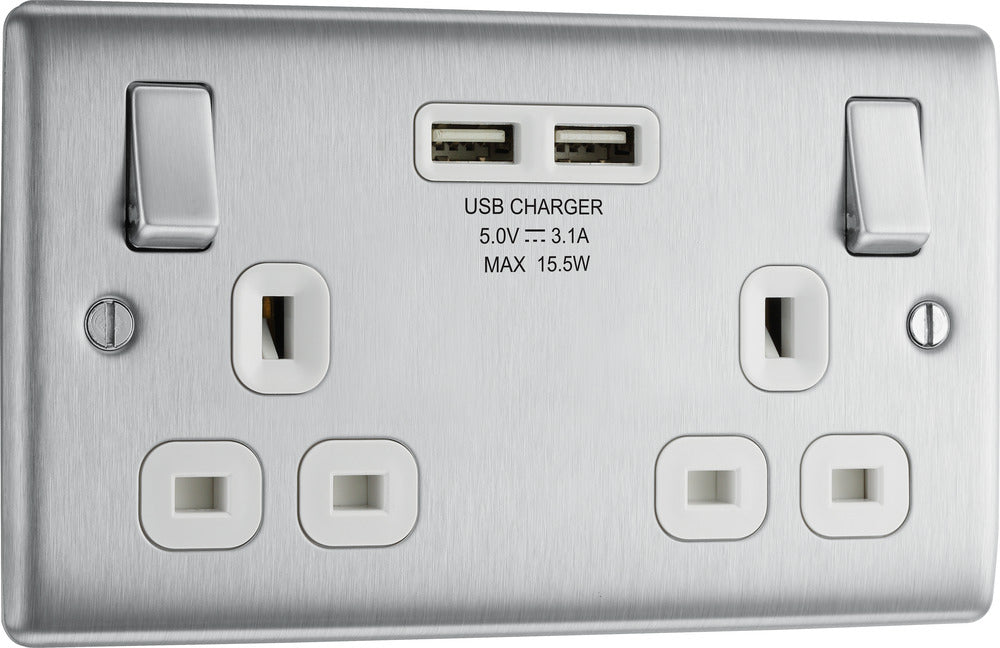 BG NBS22U3W Nexus Metal Double Socket + 2x USB - White Insert - Brushed Steel - westbasedirect.com