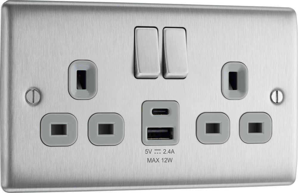 BG NBS22UAC12G Nexus Metal 13A Double Switched Power Socket + USB A+C (12W) - Brushed Steel + Grey Insert - westbasedirect.com