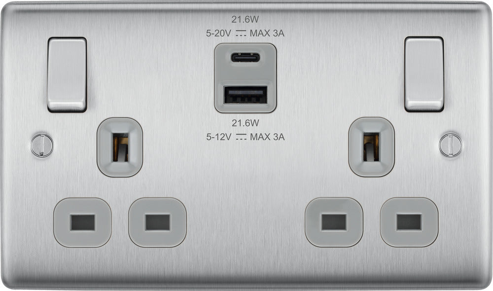 BG NBS22UAC22G Nexus Metal 13A Double Switched Power Socket + USB A+C (22W) - Brushed Steel + Grey Insert - westbasedirect.com