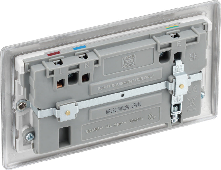 BG NBS22UAC22W Nexus Metal 13A Double Switched Power Socket + USB A+C (22W) - Brushed Steel + White Insert - westbasedirect.com