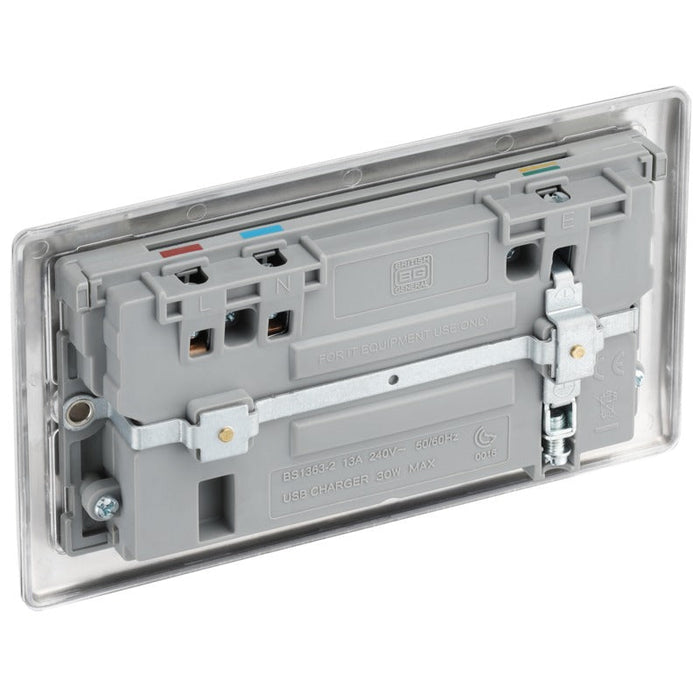 BG NBS22UAC30G Nexus Metal 13A Double Socket + USB A+C (30W) - Grey Insert - Brushed Steel - westbasedirect.com