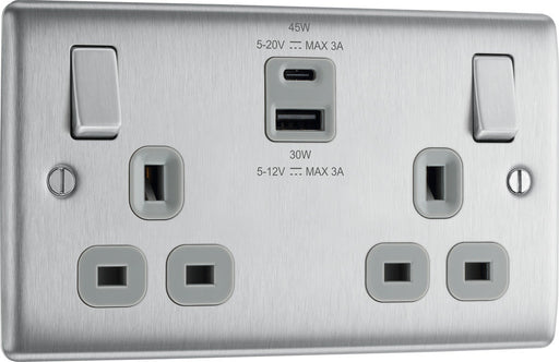 BG NBS22UAC45G Nexus Metal 13A Double Switched Power Socket + USB A+C (45W) - Brushed Steel + Grey Insert - westbasedirect.com