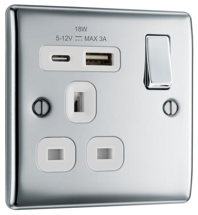 BG NPC21UAC18W Nexus Metal 13A Single Switched Power Socket + USB A+C (18W) - Polished Chrome + White Insert - westbasedirect.com