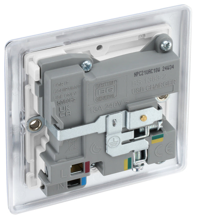 BG NPC21UAC18W Nexus Metal 13A Single Switched Power Socket + USB A+C (18W) - Polished Chrome + White Insert - westbasedirect.com