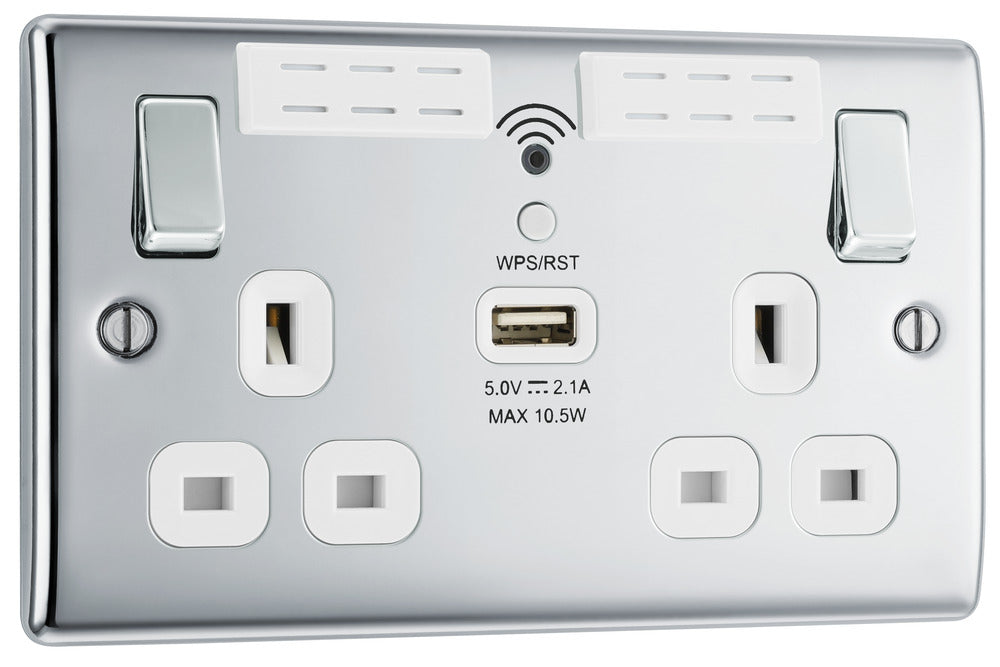 BG NPC22UWRW Nexus Metal Double Socket 13A + Wifi Extender +1x USB(2.1A) - White Insert - Polished Chrome - westbasedirect.com