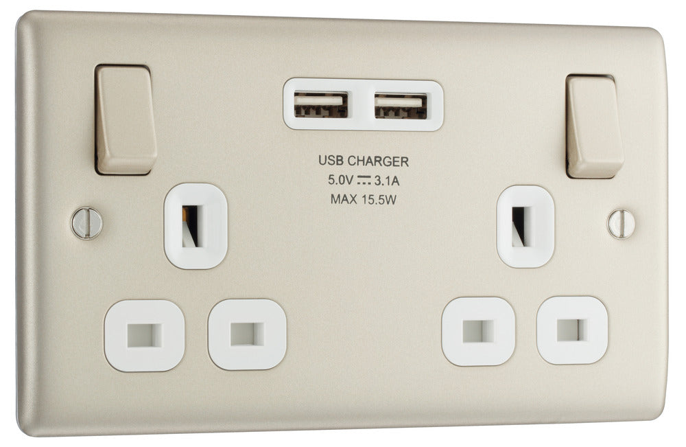BG NPR22U3W Nexus Metal Double Socket + 2x USB /White Insert - Pearl Nickel - westbasedirect.com
