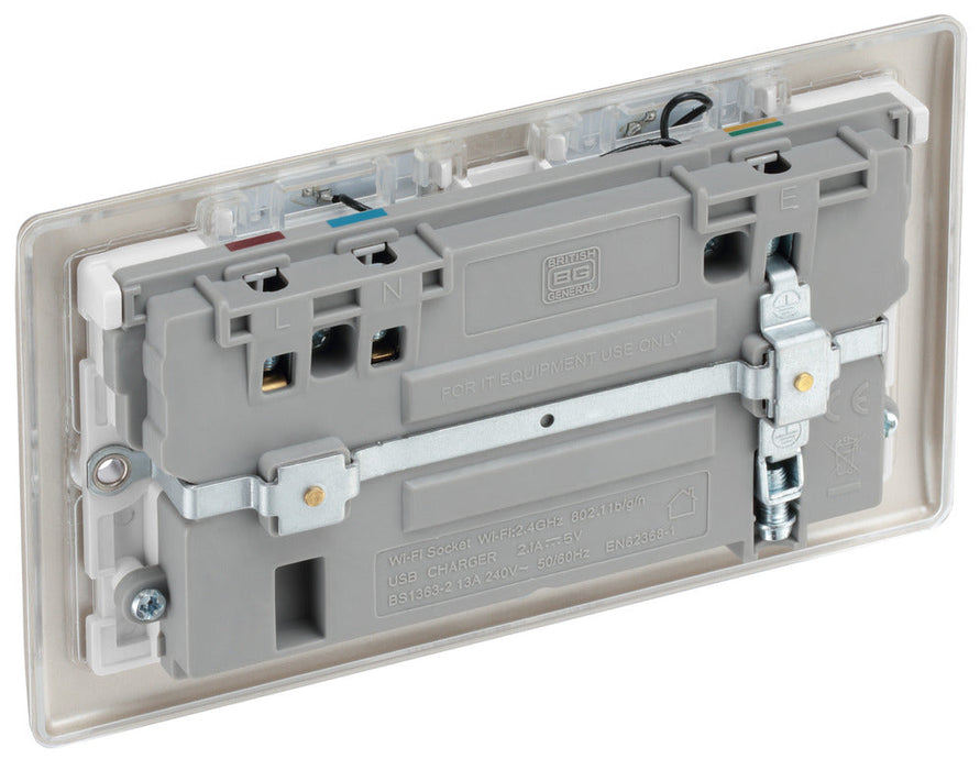BG NPR22UWRW Nexus Metal Double Socket 13A + Wifi Extender +1x USB(2.1A) - White Insert - Pearl Nickel - westbasedirect.com
