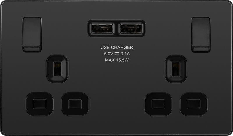 BG Evolve PCDBC22U3B 13A Double Switched Power Socket + 2xUSB(3.1A) - Black Chrome (Black) - westbasedirect.com