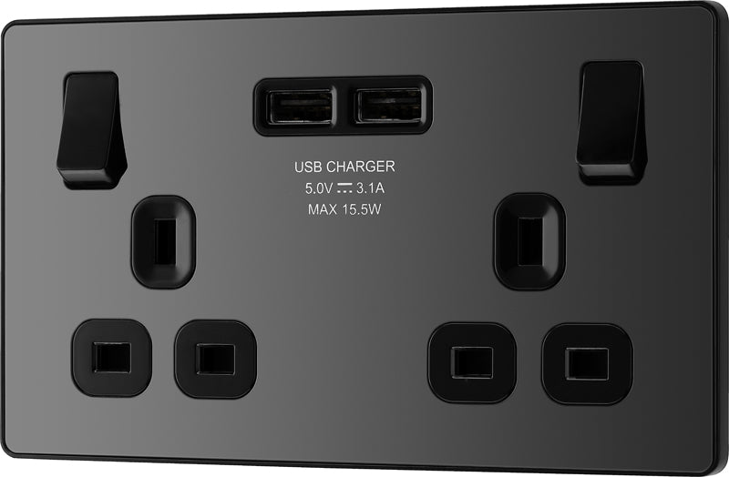 BG Evolve PCDBC22U3B 13A Double Switched Power Socket + 2xUSB(3.1A) - Black Chrome (Black) - westbasedirect.com