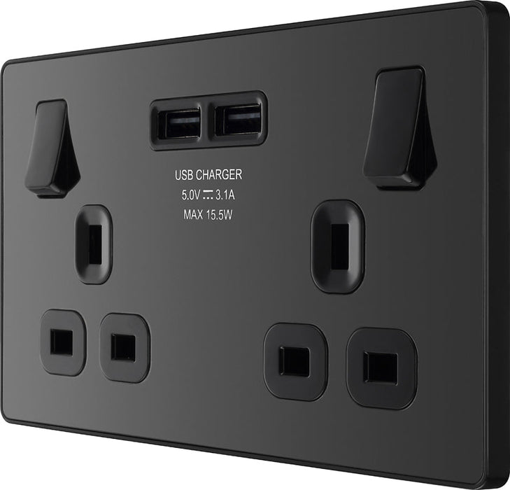 BG Evolve PCDBC22U3B 13A Double Switched Power Socket + 2xUSB(3.1A) - Black Chrome (Black) - westbasedirect.com