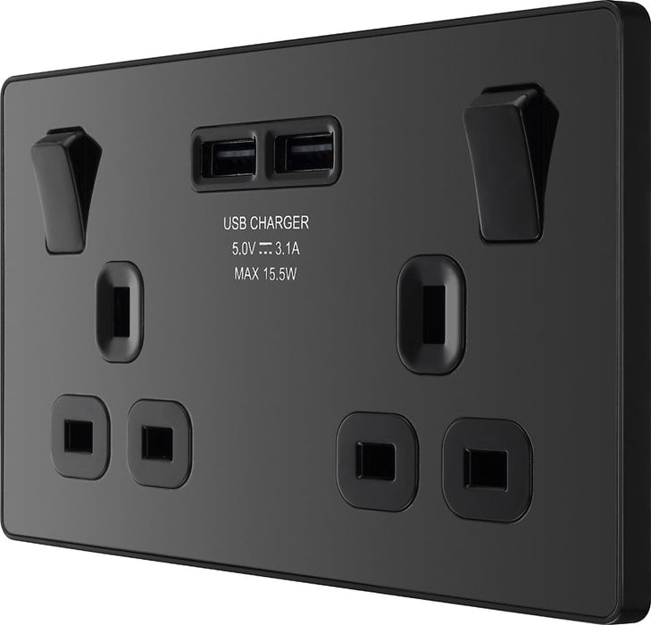 BG Evolve PCDBC22U3B 13A Double Switched Power Socket + 2xUSB(3.1A) - Black Chrome (Black) - westbasedirect.com