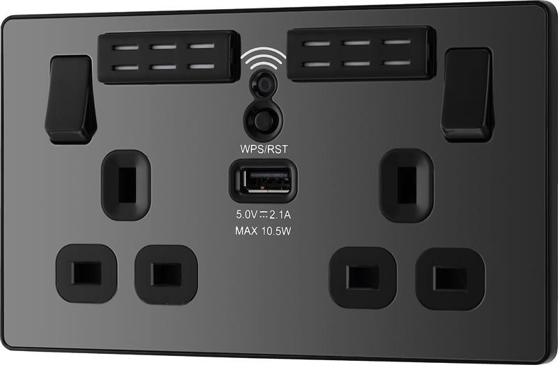 BG Evolve PCDBC22UWRB 13A Double Switched Power Socket + WiFi Extender + 1xUSB(2.1A) - Black Chrome (Black) - westbasedirect.com