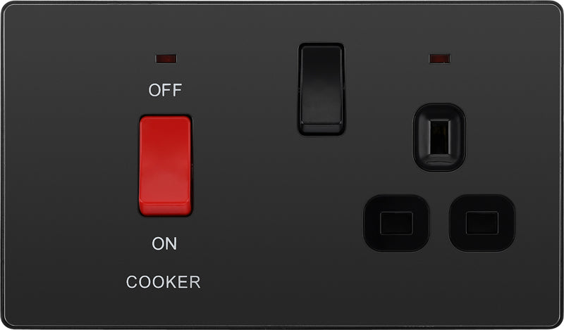 BG Evolve PCDBC70B 45A Cooker Control Socket, Double Pole Switch with LED Power Indicator - Black Chrome (Black) - westbasedirect.com