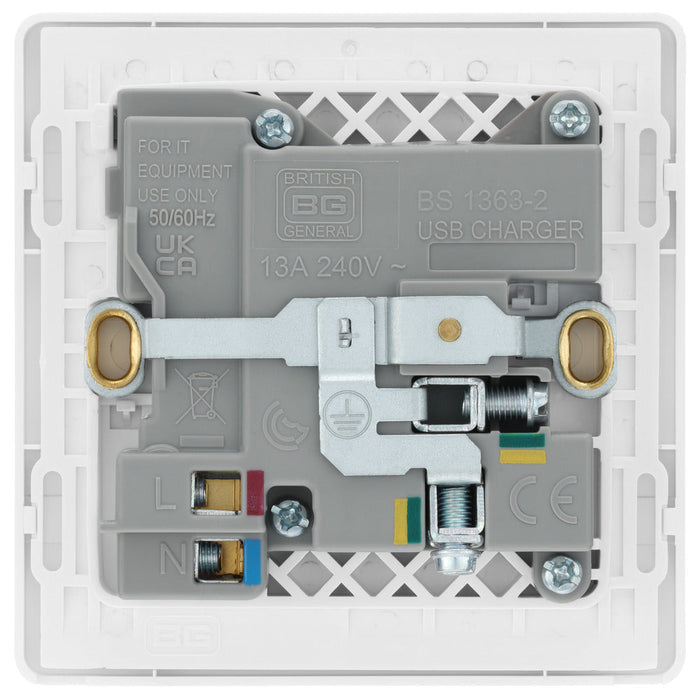 BG Evolve PCDBS21UAC18W 13A Single Switched Power Socket + USB A+C (18W) - Brushed Steel (White) - westbasedirect.com