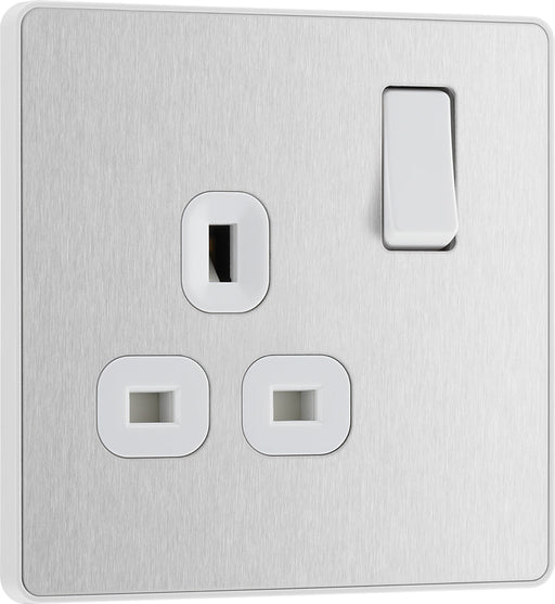 BG Evolve PCDBS21W 13A Single Switched Power Socket - Brushed Steel (White) - westbasedirect.com