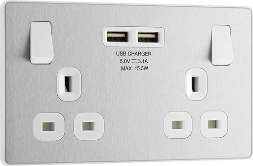 BG Evolve PCDBS22U3W 13A Double Switched Power Socket + 2xUSB(3.1A) - Brushed Steel (White) - westbasedirect.com