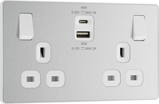 BG Evolve PCDBS22UAC45W 13A Double Switched Power Socket + USB A+C (45W) - Brushed Steel (White) - westbasedirect.com