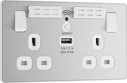 BG Evolve PCDBS22UWRW 13A Double Switched Power Socket + WiFi Extender + 1xUSB(2.1A) - Brushed Steel (White) - westbasedirect.com