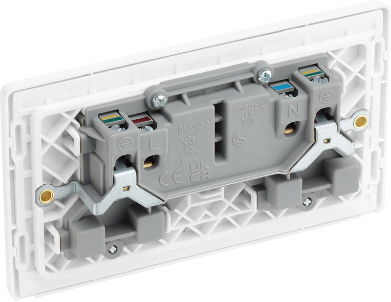 BG Evolve PCDBS22W 13A Double Switched Power Socket - Brushed Steel (White) - westbasedirect.com
