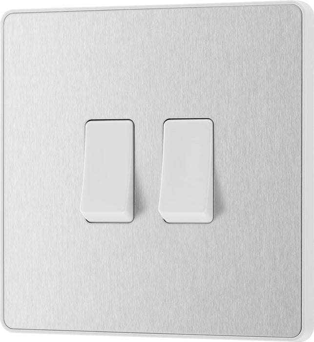 BG Evolve PCDBS42W 20A 16AX 2 Way Double Light Switch - Brushed Steel (White) - westbasedirect.com
