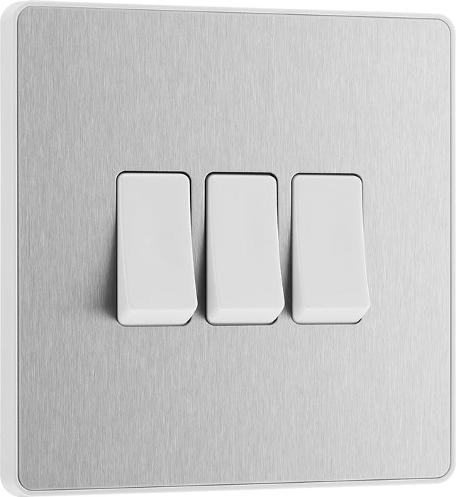 BG Evolve PCDBS43W 20A 16AX 2 Way Triple Light Switch - Brushed Steel (White) - westbasedirect.com