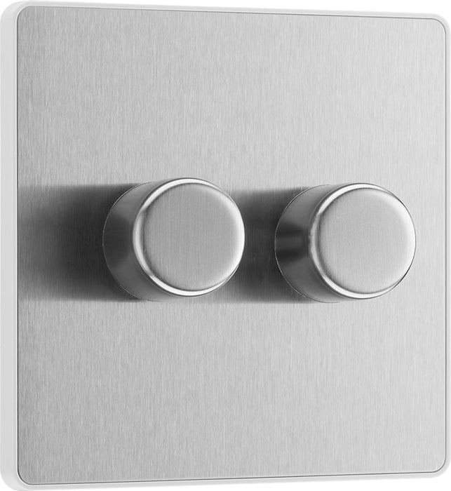 BG Evolve PCDBS82W 2-Way Trailing Edge LED 200W Double Dimmer Switch Push On/Off - Brushed Steel (White) - westbasedirect.com
