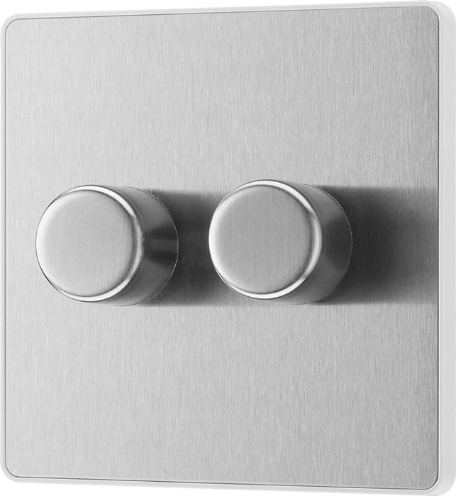 BG Evolve PCDBS82W 2-Way Trailing Edge LED 200W Double Dimmer Switch Push On/Off - Brushed Steel (White) - westbasedirect.com