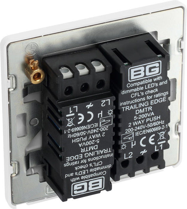BG Evolve PCDBS82W 2-Way Trailing Edge LED 200W Double Dimmer Switch Push On/Off - Brushed Steel (White) - westbasedirect.com