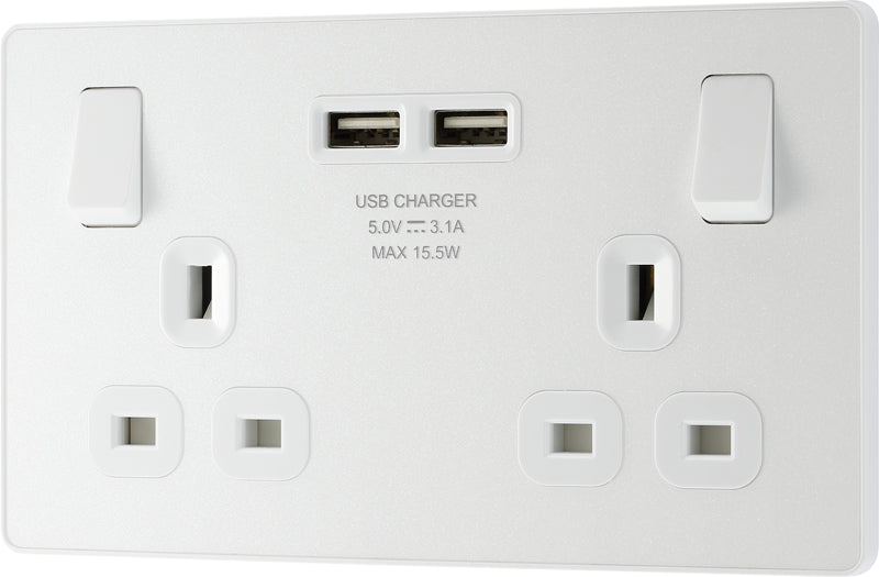 BG Evolve PCDCL22U3W 13A Double Switched Power Socket + 2xUSB(3.1A) - Pearlescent White (White) - westbasedirect.com