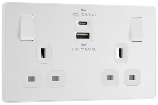 BG Evolve PCDCL22UAC45W 13A Double Switched Power Socket + USB A+C (45W) - Pearlescent White (White) - westbasedirect.com