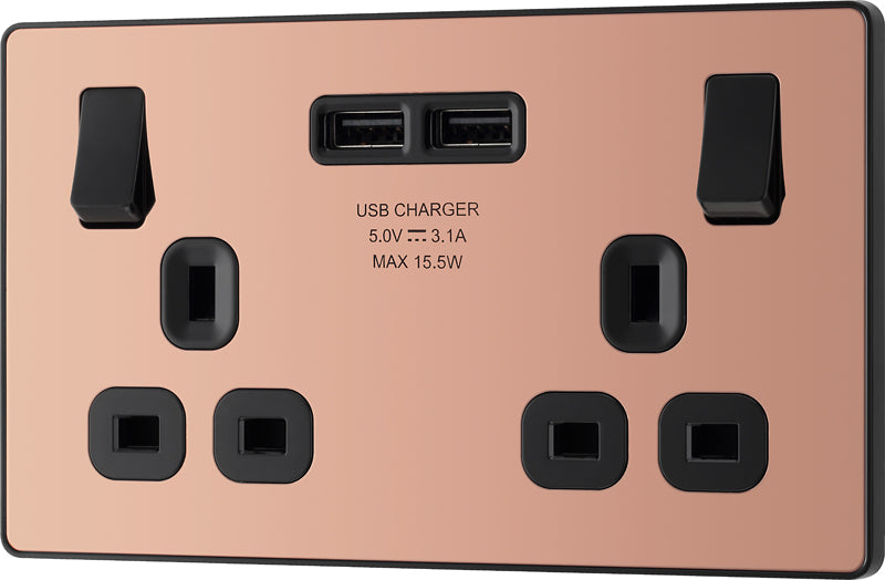 BG Evolve PCDCP22U3B 13A Double Switched Power Socket + 2xUSB(3.1A) - Polished Copper (Black) - westbasedirect.com