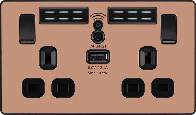 BG Evolve PCDCP22UWRB 13A Double Switched Power Socket + WiFi Extender + 1xUSB(2.1A) - Polished Copper (Black) - westbasedirect.com
