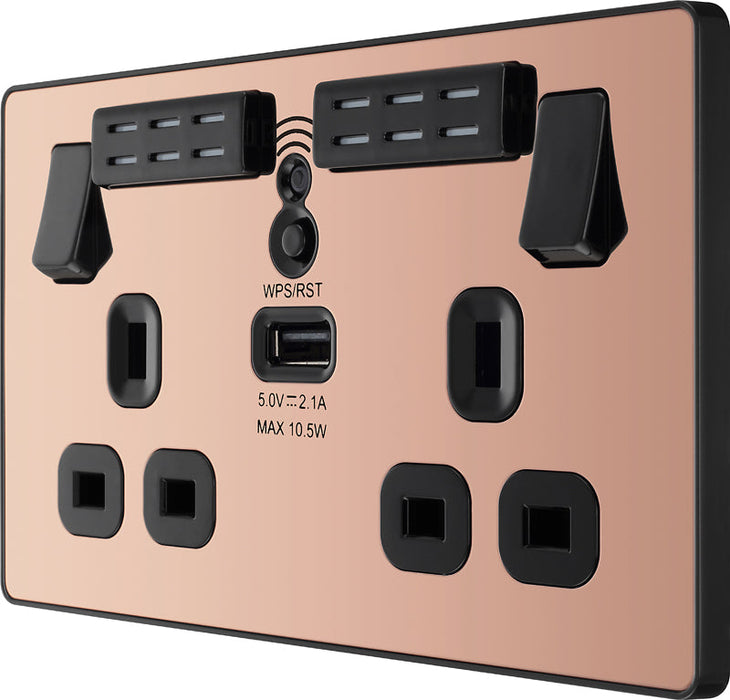 BG Evolve PCDCP22UWRB 13A Double Switched Power Socket + WiFi Extender + 1xUSB(2.1A) - Polished Copper (Black) - westbasedirect.com