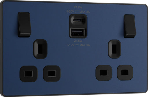 BG Evolve PCDDB22UAC22B 13A Double Switched Power Socket + USB A+C (22W) - Matt Blue (Black) - westbasedirect.com