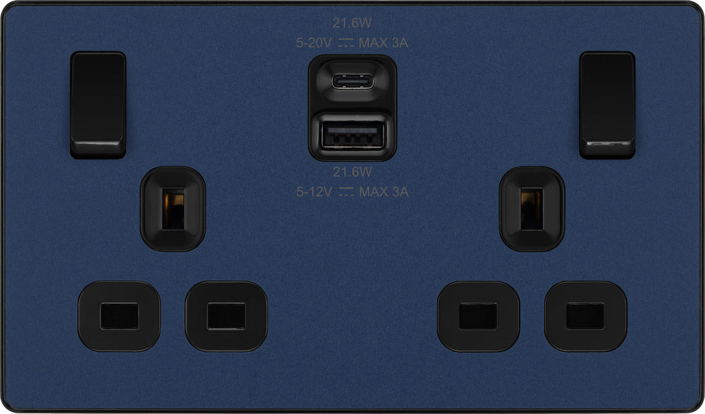 BG Evolve PCDDB22UAC22B 13A Double Switched Power Socket + USB A+C (22W) - Matt Blue (Black) - westbasedirect.com