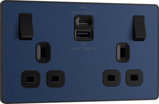 BG Evolve PCDDB22UAC45B 13A Double Switched Power Socket + USB A+C (45W) - Matt Blue (Black) - westbasedirect.com