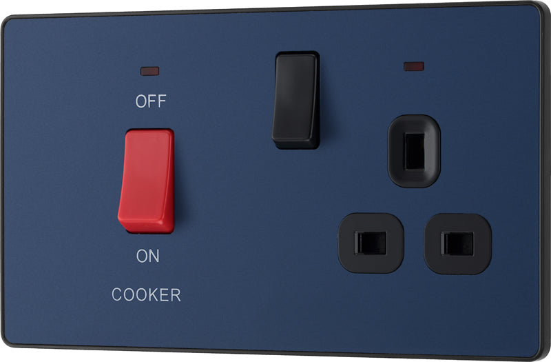 BG Evolve PCDDB70B 45A Cooker Control Socket, Double Pole Switch with LED Power Indicator - Matt Blue (Black) - westbasedirect.com