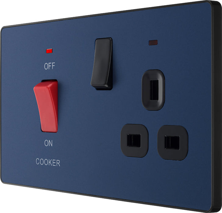BG Evolve PCDDB70B 45A Cooker Control Socket, Double Pole Switch with LED Power Indicator - Matt Blue (Black) - westbasedirect.com