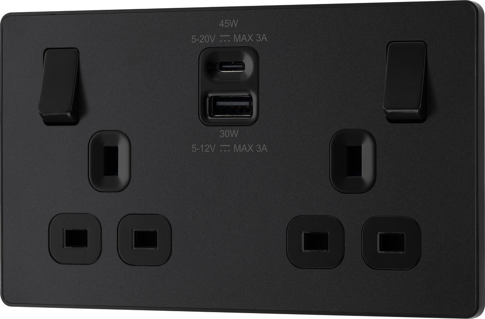 BG Evolve PCDMB22UAC45B 13A Double Switched Power Socket + USB A+C (45W) - Matt Black (Black) - westbasedirect.com