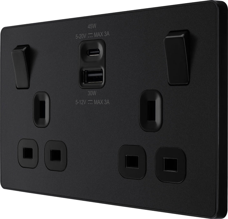 BG Evolve PCDMB22UAC45B 13A Double Switched Power Socket + USB A+C (45W) - Matt Black (Black) - westbasedirect.com