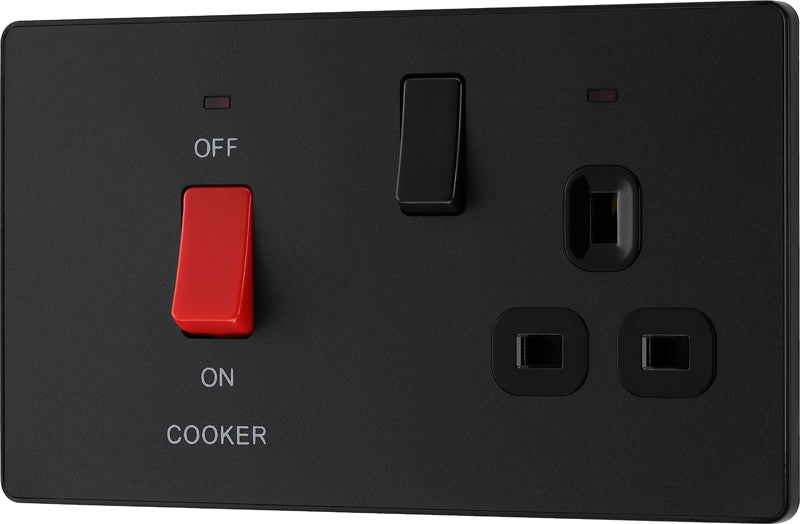 BG Evolve PCDMB70B 45A Cooker Control Socket, Double Pole Switch with LED Power Indicator - Matt Black (Black) - westbasedirect.com