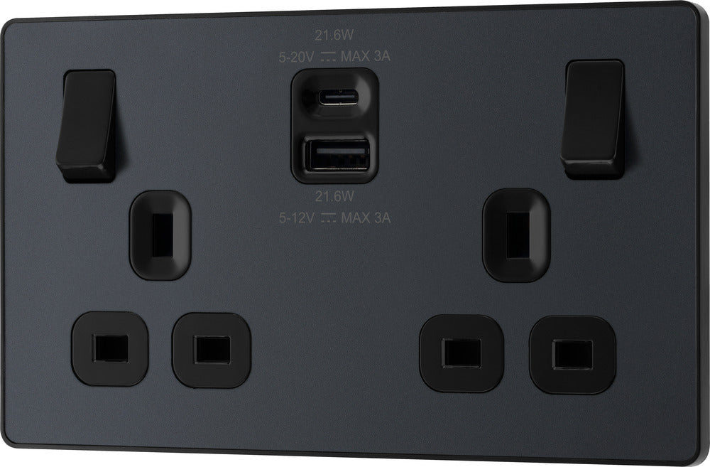 BG Evolve PCDMG22UAC22B 13A Double Switched Power Socket + USB A+C (22W) - Matt Grey (Black) - westbasedirect.com