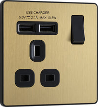 BG Evolve PCDSB21U2B 13A Single Switched Power Socket + 2xUSB(2.1A) - Satin Brass (Black)