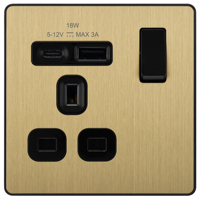 BG Evolve PCDSB21UAC18B 13A Single Switched Power Socket + USB A+C (18W) - Satin Brass (Black) - westbasedirect.com