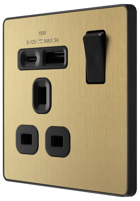 BG Evolve PCDSB21UAC18B 13A Single Switched Power Socket + USB A+C (18W) - Satin Brass (Black) - westbasedirect.com