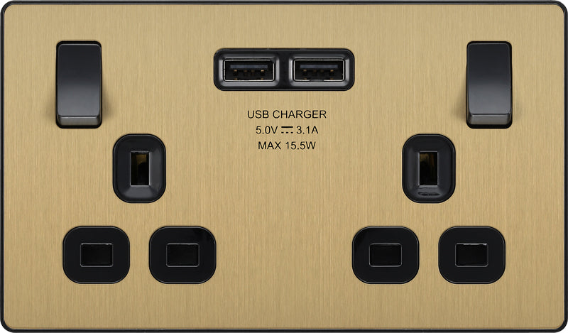 BG Evolve PCDSB22U3B 13A Double Switched Power Socket + 2xUSB(3.1A) - Satin Brass (Black) (5 Pack) - westbasedirect.com