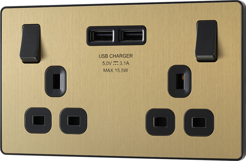 BG Evolve PCDSB22U3B 13A Double Switched Power Socket + 2xUSB(3.1A) - Satin Brass (Black) (5 Pack) - westbasedirect.com