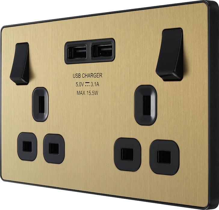 BG Evolve PCDSB22U3B 13A Double Switched Power Socket + 2xUSB(3.1A) - Satin Brass (Black) (5 Pack) - westbasedirect.com