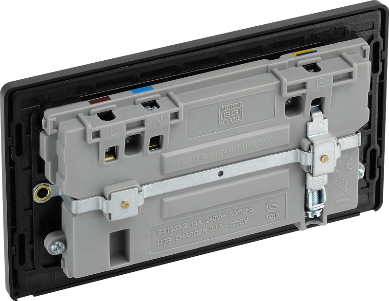 BG Evolve PCDSB22U3B 13A Double Switched Power Socket + 2xUSB(3.1A) - Satin Brass (Black) (5 Pack) - westbasedirect.com